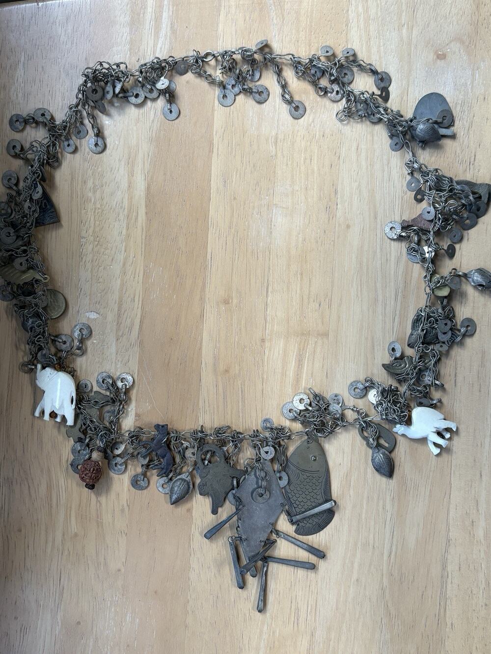 Antique Tribal Silver Tone Charm Necklace Fish Elephant Coins Ethnic Belt 30”